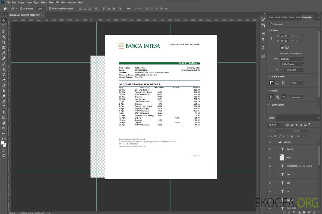 Modèle Excel et PDF de relevé bancaire de Pologne Banca Intesa template Modèle Excel et PDF de relevé bancaire de Pologne Banca Intesa template